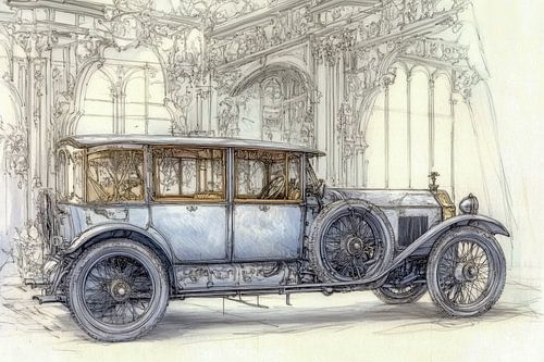 Detailed drawing of a vintage car 
