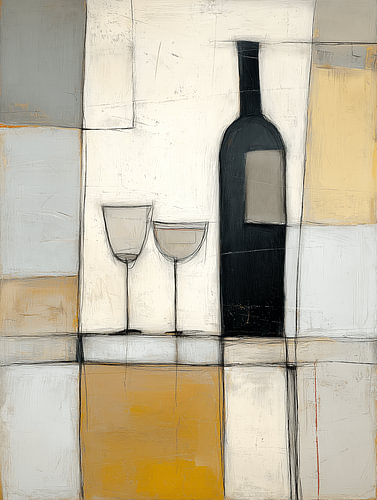 A wine bottle and two glasses in gold