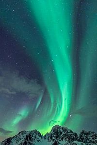 Nordlichter oder Aurora Borealis in der sternenklaren Nacht über den schneebedeckten Berggipfeln der von Sjoerd van der Wal Fotografie