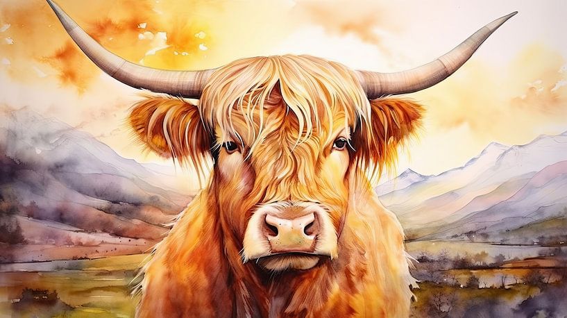 Scottish Highlander portrait in watercolour by Vlindertuin-Art