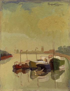 Impressionistischer Blick auf einige Schiffe auf dem Fluss - Öl auf Hartfaserplatte. von Galerie Ringoot