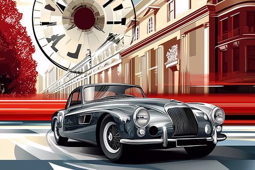 Een retro auto op een stadsstraat met bomen van een boulevard.