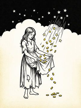 Illustration of Girl Catching Coins Falling from Stars