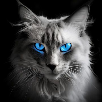 Chat noir et blanc avec des yeux bleus brillants sur YArt