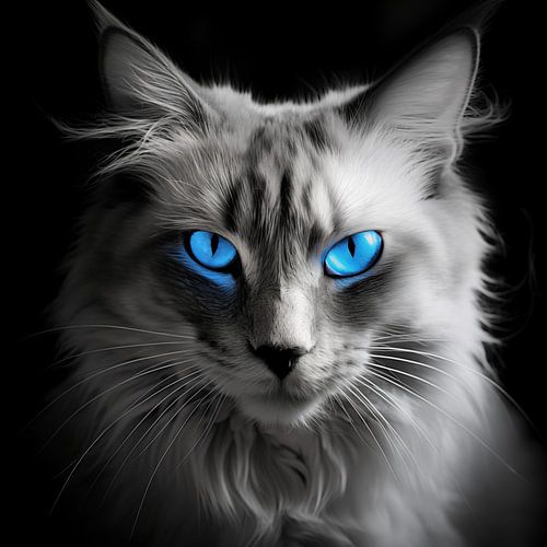 Black and white cat with bright blue eyes