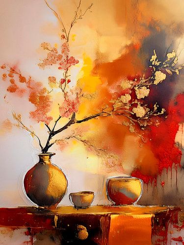 Japandi Art. Stilleven. Bloesemtak op gouden vaas