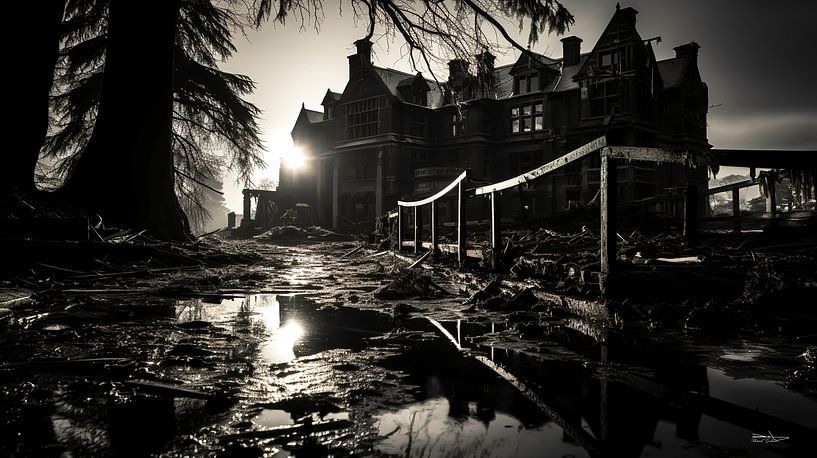 vieux bâtiment en noir et blanc avec une lumière dramatique par Gelissen Artworks