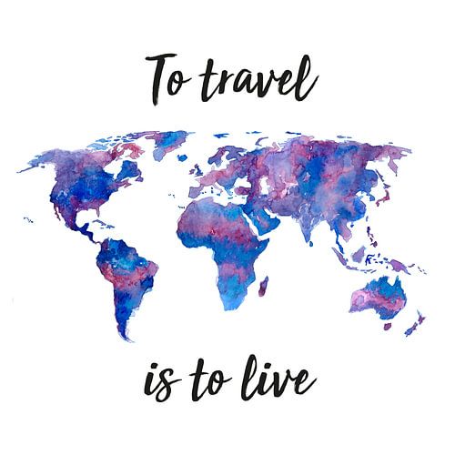 World map in Watercolour | Purple and Blue | Quote | Wall circle