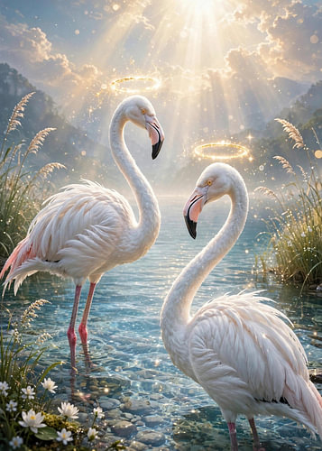 Himmlische weiße Flamingos mit leuchtenden Heiligenscheinen