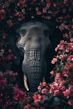 Eclipse of Elegance - Elephant in Flowers Night by Eva Lee