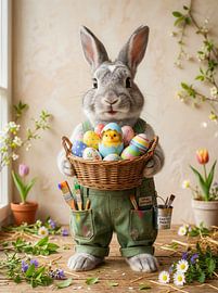 Lapin de Pâques avec un panier rempli d'œufs et un poussin