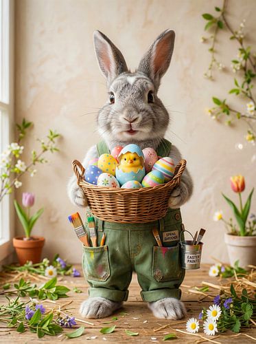 Osterhase mit einem Korb voller Eier und einem Küken