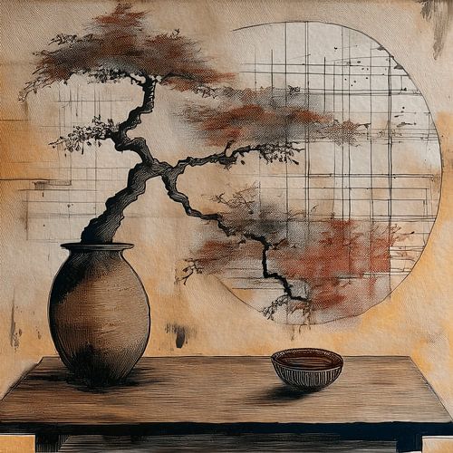 Nature morte Wabi-Sabi : bonsaï japonais avec un cercle aux tons chauds
