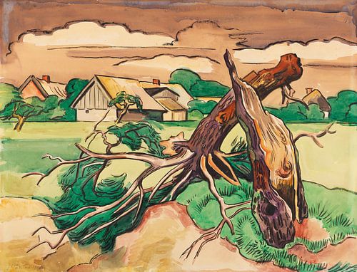 Max Pechstein, Gebroken boom voor een dorpslandschap in Pommeren, 1927