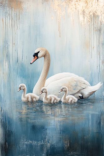 Famille de cygnes en eau calme