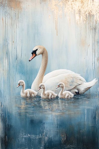 Zwanenfamilie op kalm water van Imperial Art House