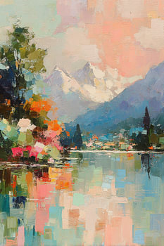 Impressionistic mountain lake in pastel
