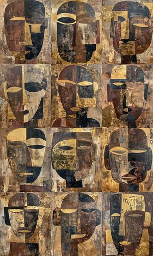 Zwölftafelige abstrakte Stammesmasken in Erdfarben und Gold