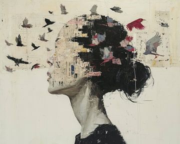 Femme avec oiseaux | Portrait abstrait sur Caprices d'Art