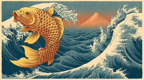 Japanische Koi-Karpfen in den Wellen vor dem Mount Fuji – Vintage-Wanddekoration