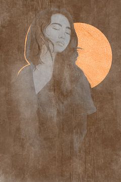 Nachtelijke stilte - Boho line art portret van een meisje voor een gouden maan