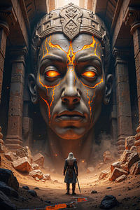 Dark Fantasy Art Wandbild: THAERONIS - Ein Krieger steht vor einer erwachenden Statue