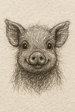 Draad portret vrolijk biggetje (baby kamer boerderij dieren vrolijk lief schattig Boho rustgevend tekening)