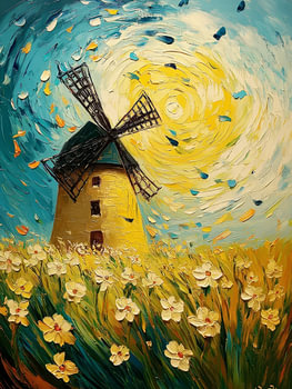 Moulin à vent dans les champs Style Vincent van Gogh