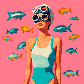Eine junge Frau mit Badekappe und Taucherbrille im Badeanzug zwischen den Fischen.