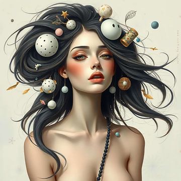 Cosmic Muse - surreales Frauenporträt mit verträumten Elementen von Kleurenrijk