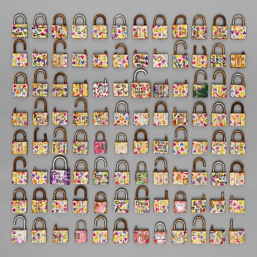 Love locks with plastic coated hearts