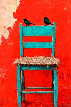 Blauwe stoelen vogels van Poster Art Shop