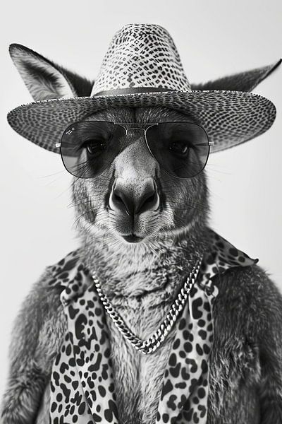 Kangourou stylé en chapeau et lunettes de soleil, portrait en noir et blanc par Poster Art Shop