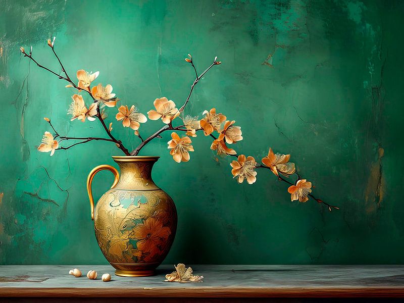 Elegant Still life painting: Vase with almond blossom by Studio Pieternel