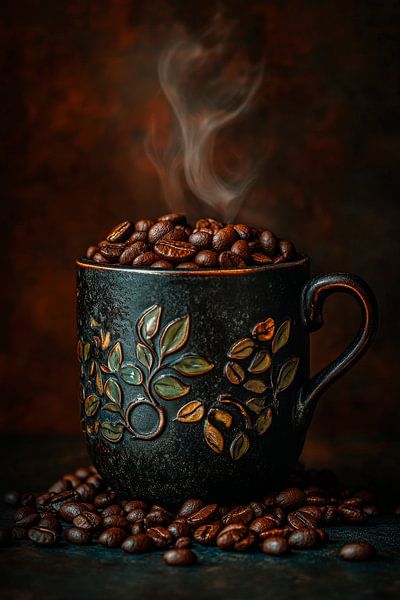 Tasse à café avec grains et vapeur par Poster Art Shop
