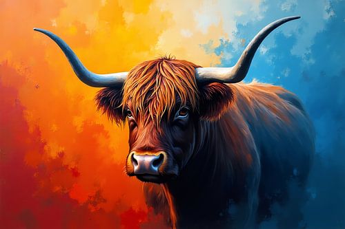 Colourful Scottish Highland Cow Portrait – Modern Animal Painting
