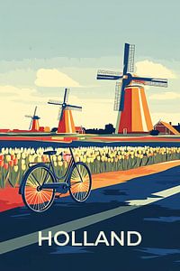 Vintage Reiseposter Holland mit Windmühlen, Tulpen und Fahrrad