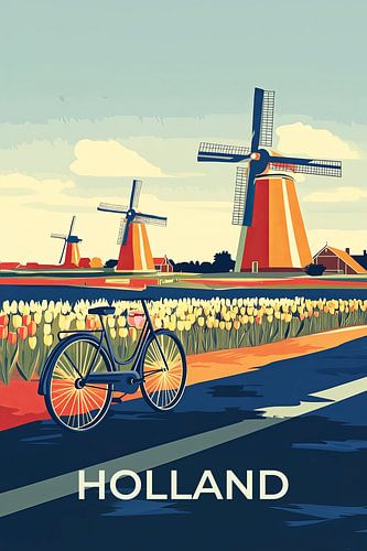 Vintage reisposter Holland met molens, tulpen en fiets