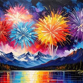 Abstract fireworks - A nocturnal spectacle of rainbow-coloured explosions over a reflective lake, dark forests and towering snow-capped mountains under a sky full of eruptive light reflections by AidasignArt