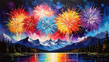 Abstract fireworks - A nocturnal spectacle of rainbow-coloured explosions over a reflective lake, dark forests and towering snow-capped mountains under a sky full of eruptive light reflections