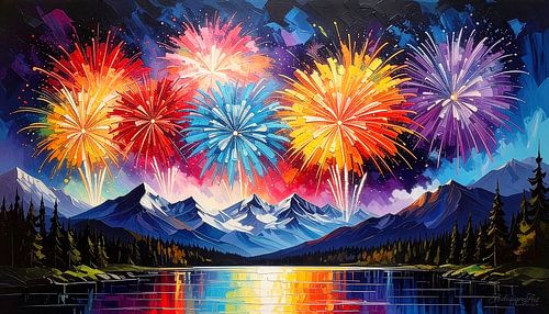 Abstract vuurwerk - Een nachtelijk spektakel van regenboogkleurige explosies boven een weerspiegelend meer, donkere bossen en torenhoge, met sneeuw bedekte bergen onder een hemel vol eruptieve lichtreflecties