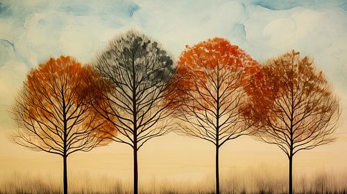 Aquarel van bomen in een rij