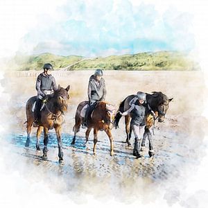 Watercolour painting horses on the beach by Danny de Klerk