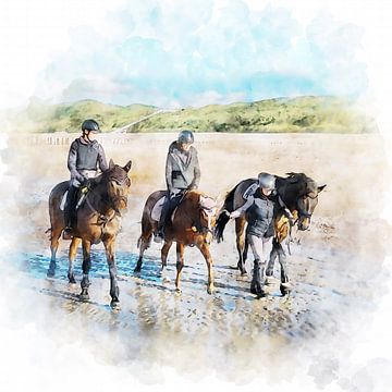 Aquarelschilderij paarden op het strand van Danny de Klerk