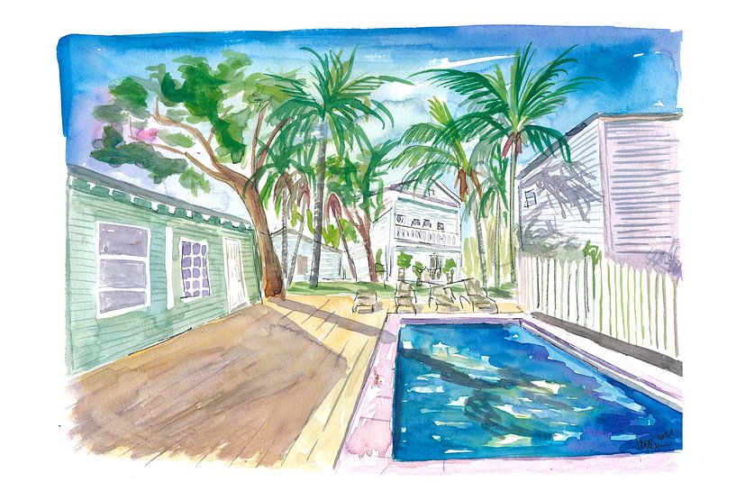 Weiße Zäune in Key West mit Cool Conch Pool in der Sonne von Markus Bleichner