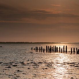 Untergehende Sonne auf dem Wattenmeer von Alex Dallinga