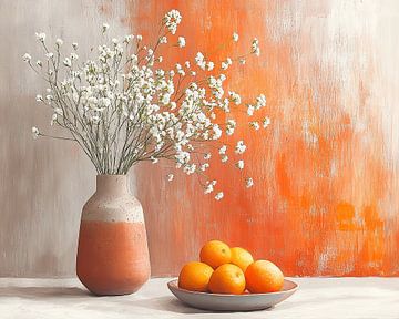 Modern Bloemen Stilleven | Vase of Silence, Fruitful Hues van Kunst Kriebels