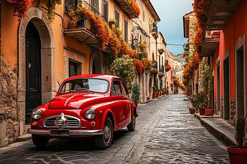 Vieille voiture rouge dans une rue italienne sur Animaflora PicsStock