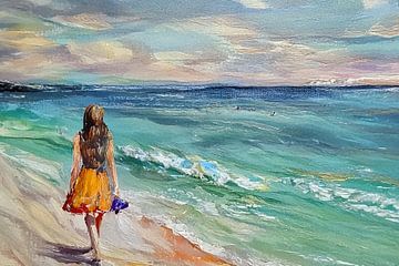 ai gegenereerd schilderij van een meisje dat naar het strand loopt