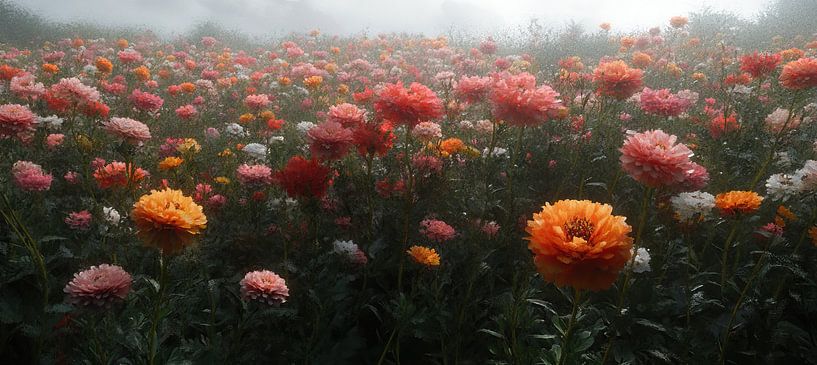 Bloemenveld Schilderij | Misty Blooms van Abstract Schilderij